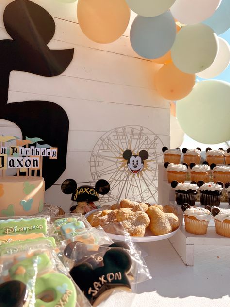 Mickey Mouse shaped beignets, cookies and cupcakes 2 Year Birthday Theme Boy Disney, Disney Party Desserts, Mickey Mouse Birthday Pastel Colors, Mickey Theme Birthday Party, Mickey Mouse Birthday Aesthetic, Mickey And Minnie Birthday Party Ideas, Magic Kingdom Party Theme, Vintage Disney 1st Birthday, Disney Third Birthday