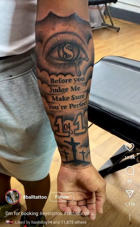 Male Quote Tattoos, Good Forearm Tattoos, Picture Tattoos Men, Nice Tattoo For Men Arm, Men Tattoos Half Sleeve, Shoulder Name Tattoo Men, Hear No Evil See No Evil Tattoo Boondocks, Half Sleeve Tattoos For Guys Forearm Men, Inside The Arm Tattoo For Men