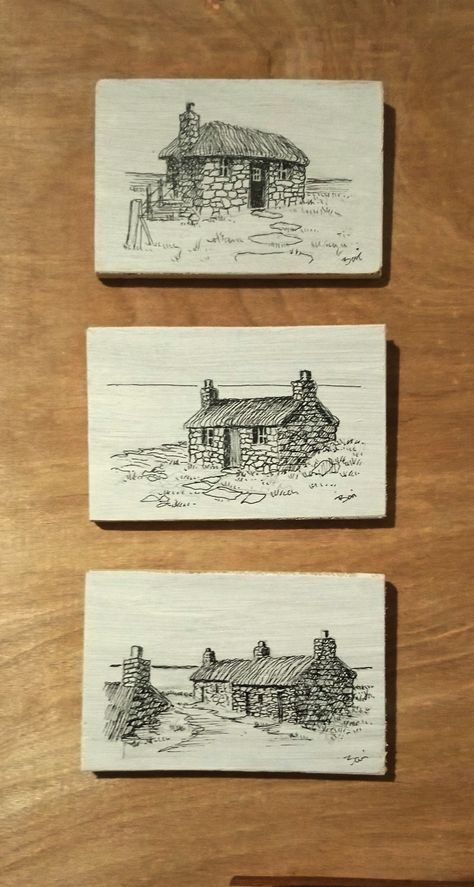 Croft.. Three of nine 10x6cm pen & ink drawing on wooden blocks. (Crofts & Black houses of Scotland 🏴󠁧󠁢󠁳󠁣󠁴󠁿)... Pen And Ink Drawings Simple, Scotland Drawing, Scotland Coloring Pages, Micron Pen Art Landscape, Scotland Illustration Drawings, Scotland Travel Journal, Castle Pen Drawing, Cottage Drawing, House Sketch