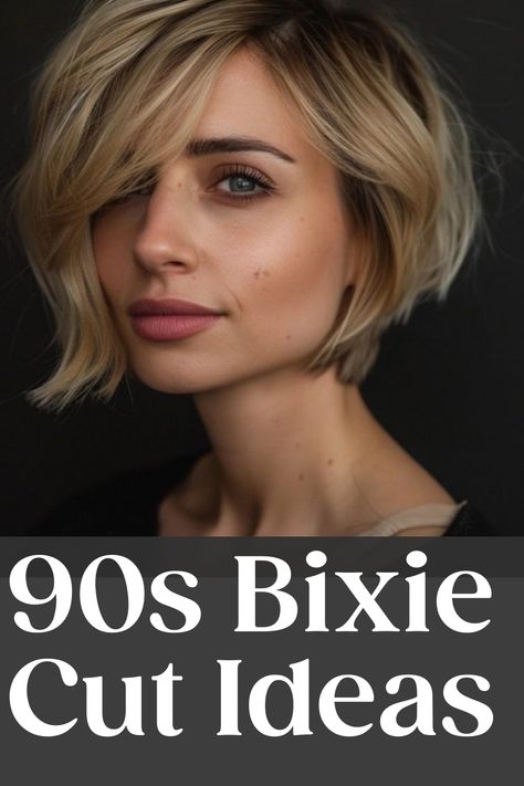 Woman with a short, wavy blonde bob looking straight ahead. Text below reads: "90s Bixie Cut Ideas". Chic Haircut Short, 90s Choppy Bob, Tousled Pixie Haircut, Bixie 90s Haircut With Bangs, 90s Short Layered Hair, 90’s Bob, Bixie Colour Haircut 2024, Bixie 90s Haircut, "bixie" Haircut 2024