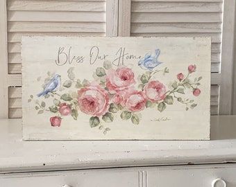 Debi Coules, Bless Our Home, Rustic Wood Wall Decor, Cottage Prints, Glicee Prints, Wood Signs For Home, Romantic Shabby Chic, Shabby Chic Pink, Floral Wall Decor