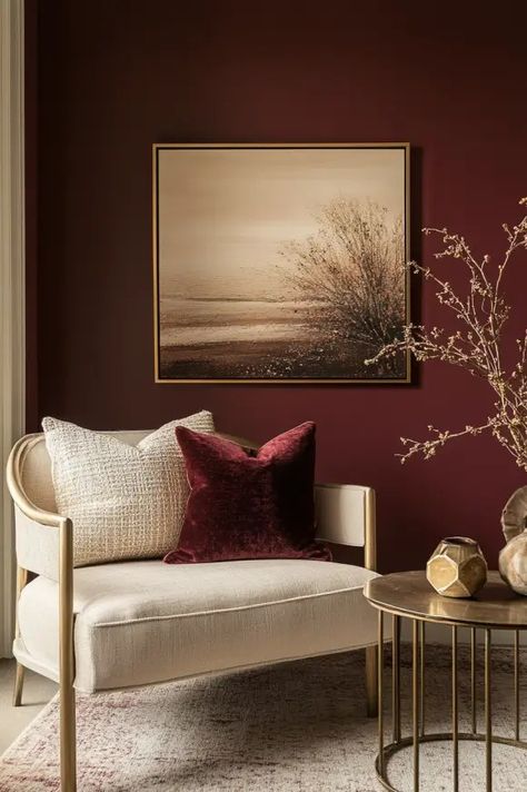 Top 7 Accent Wall Colors for a Cozy Fall Living Room - Blog by Cavelights Pink And Maroon Living Room, Dark Burgundy Living Room, Cranberry Living Room Ideas, Maroon Accent Wall Living Room, Rust Accent Wall Living Room, Burgundy Furniture Living Room, Brown Accent Wall Dining Room, Living Room Trim Colors, Burgundy And Cream Living Room