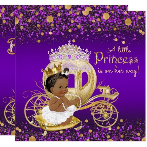 African American Princess Purple Gold Baby Shower Card Purple Candy Bar, Purple Candy Buffet, Princess Backdrop, Princess Backdrops, Princess Baby Shower Invitation, Girl Shower Themes, Bow Baby Shower, Royal Baby Showers, Gold Baby Shower