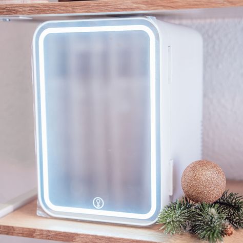 Skincare Mini Fridge with Mirror Self Care Fridge, Skincare Organization Fridge, Preppy Skincare Fridge, Skincare Fridge Aesthetic, Skincare Storage Ideas, Skincare Mini Fridge, Mini Fridge In Bedroom Aesthetic, Skincare Routine And Products, Mini Fridge In Bedroom