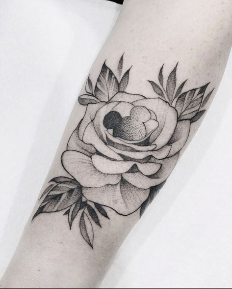 Rose with Mickey nestled in the petals Subtle Mickey Tattoo, Disney Rose Tattoo, Walt And Mickey Tattoo, Disney Flower Tattoo, Disney Floral Tattoo, Hidden Disney Tattoo, Hidden Mickey Tattoo, Mickey Tattoo, Tattoo Disney