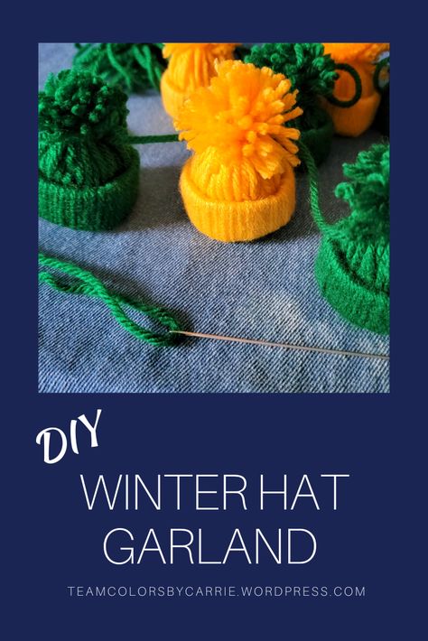 DIY garland that would be a great decoration for any winter party! These mini winter hats are made from yarn, and easy to make yourself. Mini Hat Garland Diy, Mini Hat Garland, Hat Garland Diy, Winter Hat Garland, Mini Yarn Hats, Winter Hat Craft, Hat Garland, Diy Winter Hat, Game Day Party