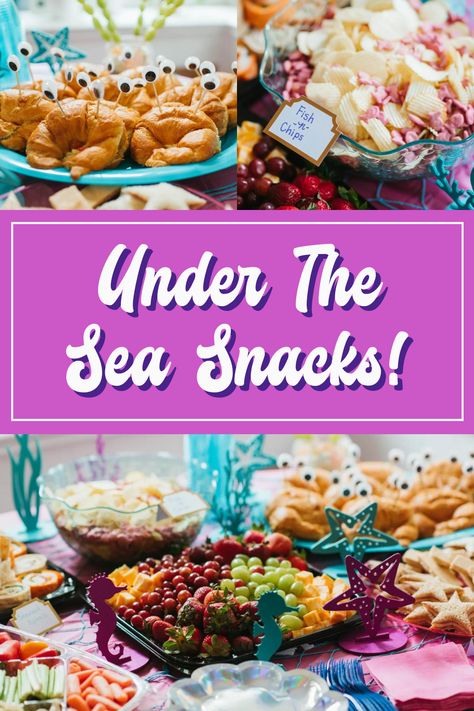 Snacks For Mermaid Birthday Party, Mermaid Themed Party Snacks, Mermaid Veggie Tray Ideas, Food Ideas For Mermaid Party, Mermaid Birthday Party Snack Ideas, Healthy Mermaid Party Food, Mermaid Food Party, Four Year Old Mermaid Party, Mermaid Birthday Snacks