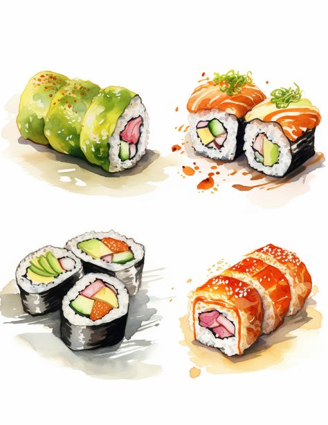 Sushi Drawing Illustration, Sushi Drawing Aesthetic, Sushi Watercolor Painting, How To Draw Sushi, Sushi Art Drawing, Japan Food Drawing, Japanese Sushi Aesthetic, Sushi Reference, Sushi Art Illustration