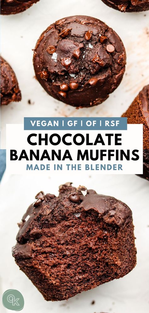 Healthy chocolate banana blender muffins made with oats and naturally sweetened with maple syrup! These flourless vegan chocolate muffins are fluffy, tender and insanely delicious. (Gluten free, oil free + refined sugar free).  #veganbaking #veganmuffins #glutenfreemuffins #blendermuffins #healthymuffins #bananamuffins #chocolatemuffins #healthybreakfast #oatmeal #mealprep #wfpb Moist Banana Chocolate Chip Muffins, Vegan Banana Chocolate Chip Muffins, Vegan Chocolate Muffins, Chocolate Chip Muffins Easy, Desserts Holiday, Vegan Banana Muffins, Healthy Chocolate Banana, Sugary Treats, Gluten Free Banana Muffins