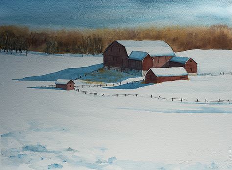 Country Winter Watercolor Snow Scenes, Red Barn Photos, Watercolor Snow, Snowy Field, Farmhouse Paintings, Mountain Huts, Winter Watercolor, Winter Wall Art, Farm Scene