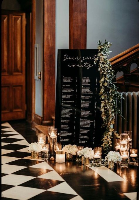 Black Guest Book Wedding, Black Romance Aesthetic Wedding, Black Acrylic Seating Chart Wedding, Black Modern Wedding Decor, Black Acrylic Seating Chart, Black Bar Wedding, Black Seating Chart Wedding, Black Wedding Signage, All Black Wedding Reception