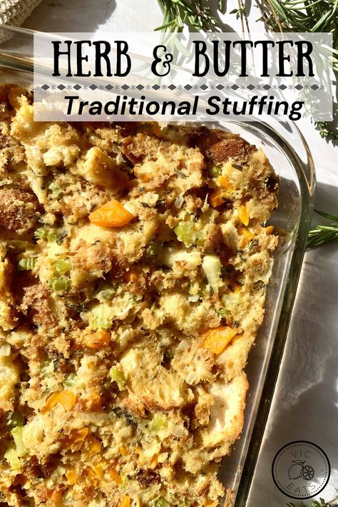 Create a masterpiece with this Butter & Herb Classic Stuffing - the quintessential holiday side dish! 🍞🦃 Make your holiday feast unforgettable! #HolidayCooking #ThanksgivingRecipes #ClassicStuffing #thanksgivingsides #christmasrecipe #christmasside #christmasdinner #stuffing #stuffingturkey #turkey French Bread Stuffing Thanksgiving, Baked Boxed Stuffing, Stuffing Spices, French Bread Stuffing, Potato Bread Stuffing, How To Make Stuffing, Moist Stuffing, Stuffing For Thanksgiving, Holiday Stuffing