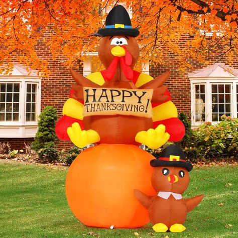 The Holiday Aisle® Jashira 6FT Thanksgiving Inflatable Turkey on Pumpkin with Little Turkey Inflatable & Reviews | Wayfair Thanksgiving Inflatables, Yard Inflatables, Fall Yard, Outdoor Thanksgiving, Baby Turkey, Turkey Decor, Traditional Thanksgiving, Unique Thanksgiving, Outdoor Inflatables