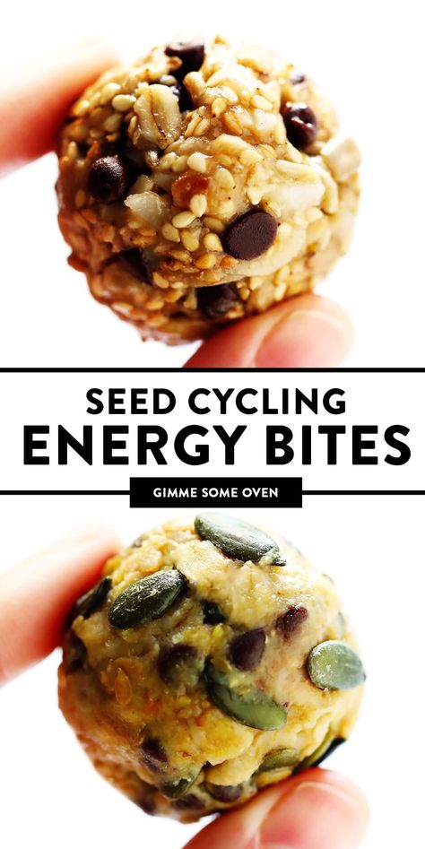 This simple Seed Cycling Energy Bites recipe is a delicious way to eat the daily serving of seeds recommended to help naturally balance women's hormones. Naturally gluten-free, easy to make, and delicious too! | gimmesomeoven.com #healthy #snack #hormones #health #glutenfree #vegan #breakfast #seedcycling Vegan Hormone Balancing Meals, Recipes For Seed Cycling, Seed Cycling Desserts, Snacks For Hormone Balance, Seed Cycling Energy Balls, Vegitaren Lunch Recipes, Healthy Fertility Snacks, How To Eat Seeds Daily, Seed Cycling Recipes Balls