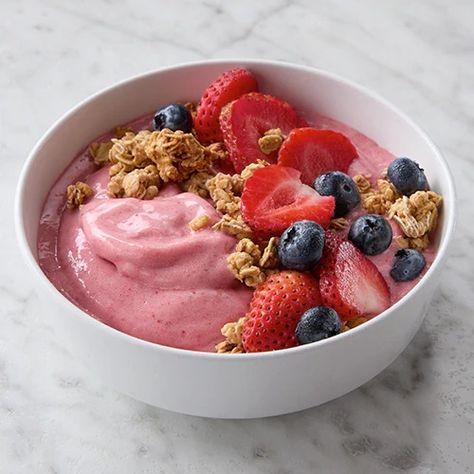 Simply Strawberry Smoothie Bowl Recipe - Kroger How To Make A Strawberry Smoothie Bowl, Frozen Strawberry Smoothie Bowl, Strawberry Smoothie Bowl Recipe, Thick Strawberry Smoothie Bowl Recipe, Smoothie Bowl Raspberry, Smoothie Bowl Berry, Strawberry Smoothie Bowl, Pink Smoothie, Smoothie Bowl Recipe