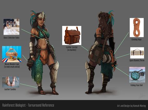 ArtStation - Jungle Biologist Character Design, Hannah Waring Biologist Character Design, Tropical Character Design, Jungle Character Design, Jungle Outfit, Side Satchel, Abseiling, Small Insects, Rpg Characters, Gone Wrong