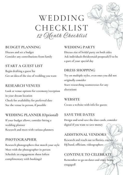 You just got engaged, now what! Here is a quick checklist to check in with your planning so far. 12 months out, you should be focusing on the budget, guest list, the date, the venue, photography (and other important vendors), selecting wedding party, wedding dress shopping, creating a website and sending out save the dates to friends and family! 12 Month Wedding Checklist, Engaged Now What, Venue Photography, Just Got Engaged, Pre Engagement, Engagement Dinner, Party Wedding Dress, Party Checklist, Creating A Website