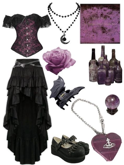 Goth Star Aesthetic, Witchy Punk Aesthetic, Different Types Of Alternative Styles, Goths In The 90s, Witch Outfit Purple, Cosmic Goth Outfits, 90s Whimsy Goth, Goth Styles Types Of, Purple Vampire Outfit