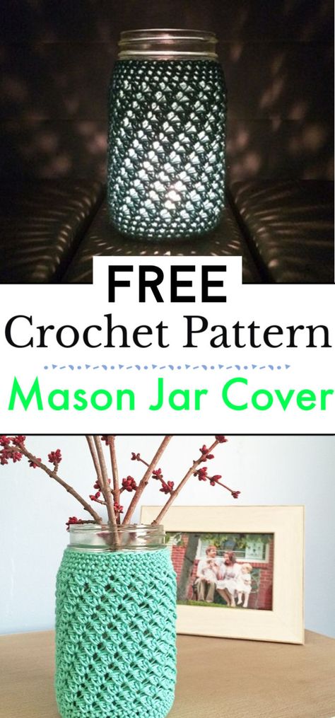 Jar Covers, Crochet Mason Jar Cozy Pattern Free, Crochet Jar Cozy Free Pattern, Crochet Mason Jar, Crochet Glass Cover, Jar Cozy Crochet Pattern, Mason Jar Cozies Crochet, Crochet Mason Jar Cozy, Crochet Mason Jar Covers Free Pattern