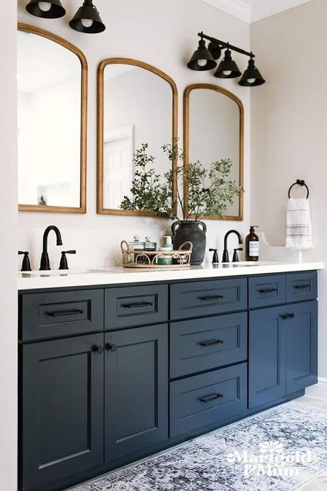 Dark Bathroom White Vanity, Bathroom Remodel With Black Fixtures, Navy Bathroom Vanity With Black Faucet, Navy Blue Farmhouse Bathroom, Navy Cabinets Bathroom, Dark Blue Vanity Bathroom, Bathroom With Navy Vanity, Farmhouse Bathroom Navy Vanity, Blue Bathroom Vanity Bronze Hardware