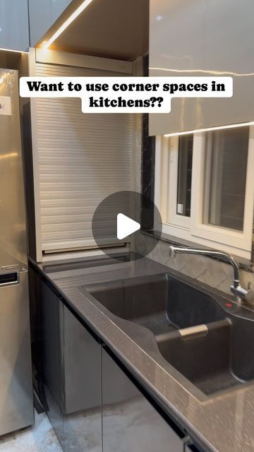 Interior Designer on Instagram: "Rolling Shutters🧑‍🍳 . . . . Roller shutters provide a elegant feel with great functionality becoming main attraction of your kitchen. They leave your kitchen transformed and reward it with the luxury of space. The range ensures easy workability, smooth motion and unhindered access to the storage items while you work. They can be used in a variety of ways including but not limited to storing: small crockery, small oven, air fryers, etc.  . . #kitchendesign #kitchen #rollingshutter #rollingshutterdoor #kitchenware #kitchenrenovation #kitchenofinstagram" Oven Space In Kitchen, Small Kitchen Oven Ideas, Corner Shutter Kitchen, Kitchen With Store Room Ideas, Kitchen Interior For Small Spaces, Store Room Ideas Kitchen Indian, Kitchen Roller Shutter Cabinet, Roller Shutter In Kitchen, Small Store Room Ideas