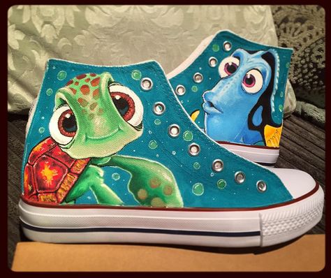 Nikki on Instagram: “#dory and #squirt - #findingnemo #Disney #hightops posted out yesterday. Another pair done!! #customkicks #customchucks #customised…” Diy Disney Shoes, Disney Painted Shoes, Custom Baby Shoes, Canvas Shoes Diy, Custom Converse Shoes, Shoe Painting, Artistic Shoes, Painted Shoes Diy, Black Stitch