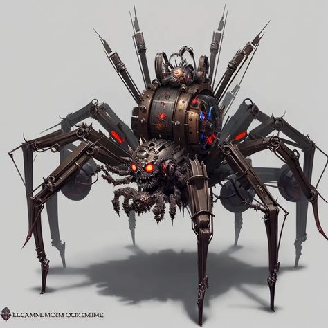 The image is a steampunk spider with glowing red eyes. It has eight legs and a large, round body. The body is made of metal and has a variety of gears and other mechanical parts attached to it. The spider is also covered in sharp spikes. Mechanical Spider Art, Amelia Moore, Anime Steampunk, Mechanical Spider, Steampunk Spider, Spider Robot, Glowing Red Eyes, Asian Interior Design, Asian Interior