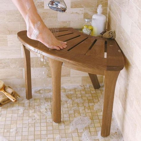 corner-shaped, teak bath stool from  brookstone Teak Shower Stool, Teak Bath, Teak Shower Bench, Bath Stool, Bath Seats, Corner Bath, Shower Stool, Shower Seat, Shower Chair