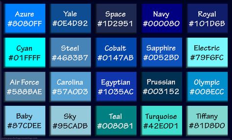 Shades of Blue & Names with HEX, RGB Color Codes Shades Of Blue Names, Light Blue Hex, Blue Color Hex, Blue Hex Code, Y2k Coloring Pages, Color Palette Hex Codes, Rgb Color Codes, Blue Shades Colors, Computer Training