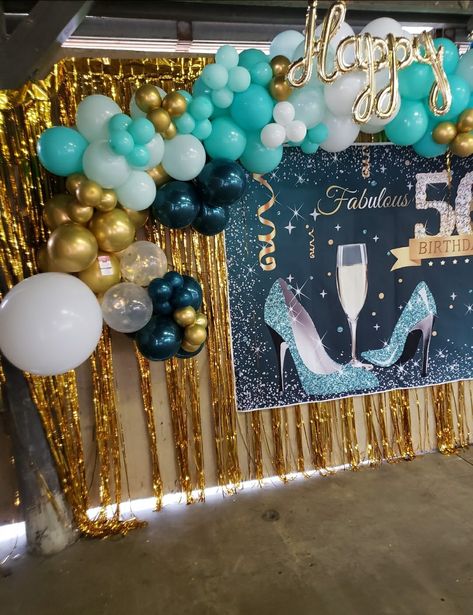 Turquoise White And Gold Party Decorations, Teal And Gold Birthday Party, Teal And Gold Birthday, Gold White Balloons, Birthday Balloon Decor, Turquoise Birthday, 50th Birthday Balloons, Gold Party Decorations, Gold Birthday Party