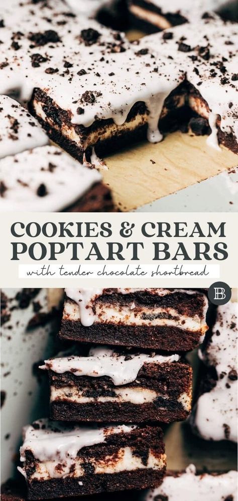 These cookies and cream pop tart bars have all the nostalgia but with an elevated twist! Made with tender chocolate shortbread and a thick layer of cookies and cream, these bars capture the flavor of the classic pop tart layered with incredible textures and richness. Cookies And Cream Pop Tarts, Best Chocolate Chip Muffins, Pop Tart Flavors, Butternut Bakery, Strawberry Pop Tart, Cocoa Powder Cookies, Chocolate Shortbread, Shortbread Bars, Pop Tart