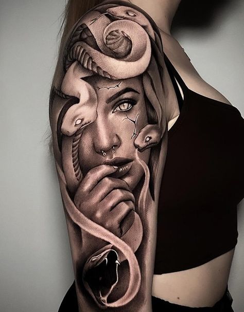 Medusa Realismo Tattoo Design, Meaning Behind Medusa Tattoo, Medusa Shoulder Tattoos For Women, Medusa Tattoo Meaning For Women, Madussa Tattoo Design Arm, Veiled Woman Tattoo, Feminine Realism Tattoo, Madussa Tattoo Design Meaning, Tattoo For Women Arm Sleeve