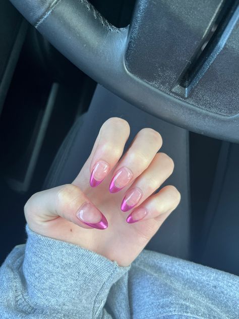 Magenta Aura Nails, Pink Chrome Nails French Tip, Chrome Pink French Tip Nails, Pink Aura Nails Almond, Pink Chrome French, Pink Chrome French Tip Nails, Almond Nails Aura Design, Pink Chrome Flame Nails, Purple Aura Nails Chrome