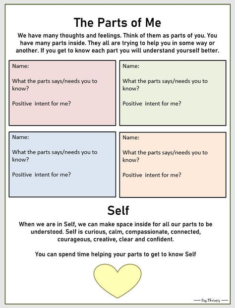 Handy Internal Family Systems (IFS) worksheets to share with your clients. The easy to understand worksheets can help your client explore their protector parts in between therapy sessions.  They can also be reminded of what Self-energy entails and how to learn about what their body sensations are trying to tell them. Ifs Therapy Worksheets, Ifs Worksheets, Internal Family Systems Worksheets, Emotion Journal, Family Therapy Worksheets, Ifs Therapy, Body Sensations, Therapeutic Worksheets, Internal Family Systems