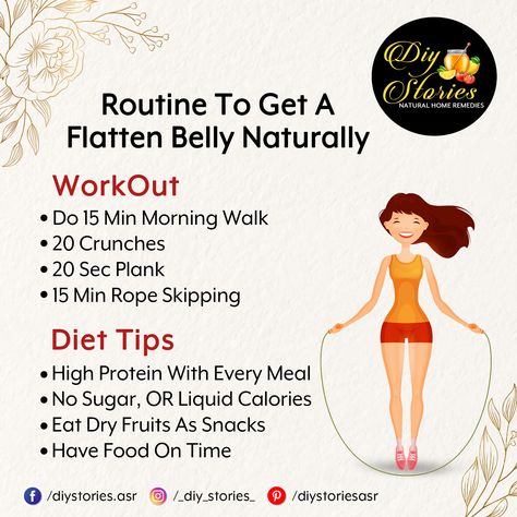 Work Out - Do 15 Min Morning Walk - 20 Crunches - 20 Sec Plank - 15 Min Rope Skipping Diet Tips - High Protein With Every Meal - No Sugar, OR Liquid Calories - Eat Dry Fruits As Snacks - Have Food On Time Sec Plank, Flatten Belly, Rope Skipping, Dry Fruits, Skipping Rope, Morning Walk, No Sugar, Natural Home Remedies, Diet Tips