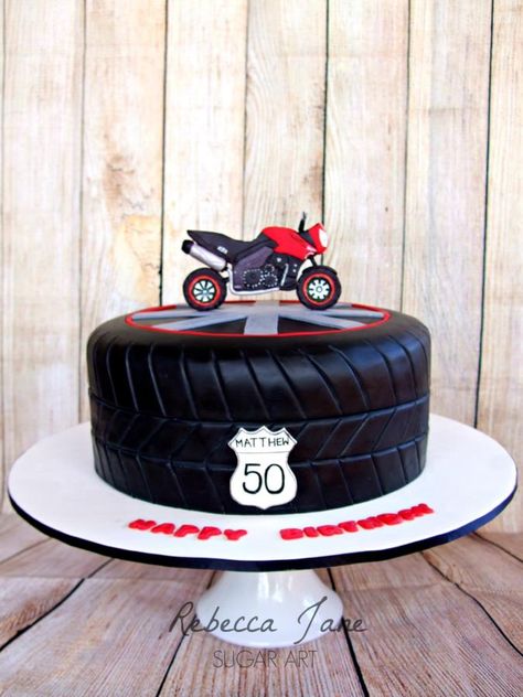 Motorbike tyre cake by Rebecca Jane Sugar Art Bolo Motocross, Sticky Date Cake, Motorcycle Birthday Cakes, Motorbike Cake, Tire Cake, Motorcycle Cake, Birthday Cake Design, Motorcycle Birthday, Bike Cakes