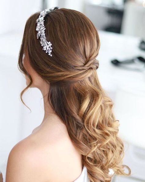 Bridal Hair Half Up Half Down, First Communion Hairstyles, Bridal Hair Tiara, Updo With Headband, Communion Hairstyles, Bridal Hair Half Up, Bridal Accesories, Wedding Tiara Hairstyles, Half Up Wedding Hair