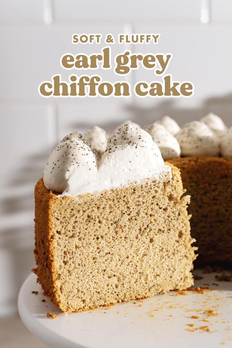 This earl grey chiffon cake is perfectly soft and fluffy. It's infused with strong earl grey flavour with whipped cream on top to complete it! #earlgrey #chiffoncake | teakandthyme.com Mocha Desserts, Earl Grey Cake, One Layer Cakes, Basic Cake, Cookie Cake Recipe, Sponge Cake Recipes, Coffee Cake Recipes, Grey Tea, Earl Grey Tea