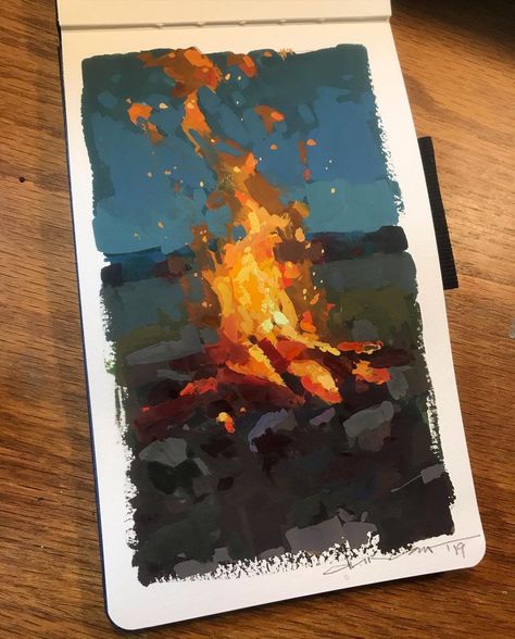 Gouache Painting Digital, Gouache Night Sky, Sky Gouache Painting, Fire Gouache, Gouache Art Inspiration, Gouache Sketchbook, Flame Painting, Gouache Drawing, Painting Fire