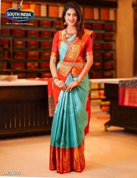 This beautiful saree! Haye 🥰 Pellikuthuru Sarees, Blue And Red Saree, Sky Blue Blouse, Sky Blue Saree, Sky Blue Colour, Blue Silk Saree, Orange Saree, Half Saree Designs, Unique Blouse