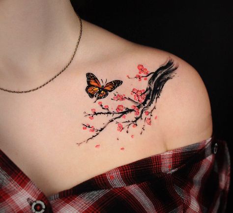 Butterfly and Cherry Blossom Tattoo | Tattoo Ideas and Inspiration Tattoos On Back, Butterflies Tattoo, Butterfly Tattoos For Women, Spine Tattoos For Women, Hand Tattoos For Women, Blossom Tattoo, Cherry Blossom Tattoo, Spine Tattoos, Tattoos For Daughters