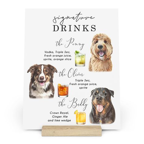 This dog custom drink is a high-resolution DIGITAL FILE ONLY for printing and can be printed by yourself using online or in-store printing service of your choice! This is a perfect dog signature drink sing for a wedding or party. Add a special touch and include a likeness of your favorite four legged friend to your wedding reception bar. *All kinds of pets are accepted! HOW TO ORDER: 1. Select your:    - number of Pets     - file size 2. Add any particular details in the personalization section Dog Signature Drink, Wedding Drink Sign, Bar Wedding Reception, Wedding Drink Menu, Signature Drink Sign, Reception Bar, Signature Cocktail Sign, Wedding Signature Drinks, Bar Menu Wedding