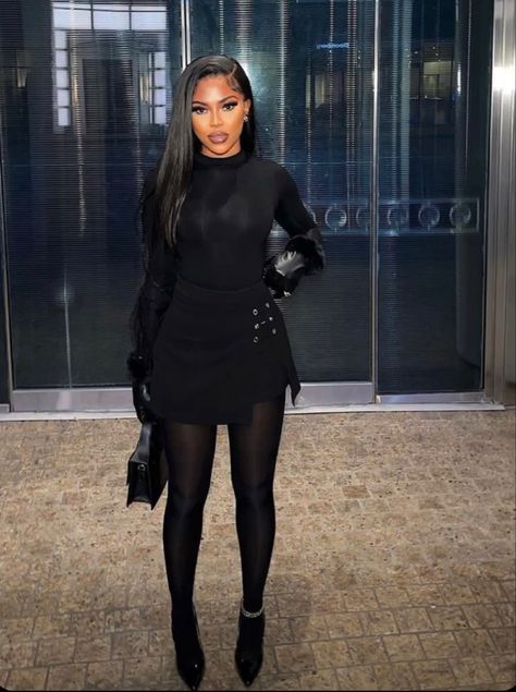 London Classy Outfit, Designer Work Outfits Women, Winter Brunch Outfit Black Women Classy, Valentines Outfits For Women Dates, Girls Dinner Outfit Black Woman, All Black Classy Outfits For Women, Classy Valentines Day Outfit, Black Dress With Pantyhose Outfits, Winter Dinner Outfit Night Classy Chic