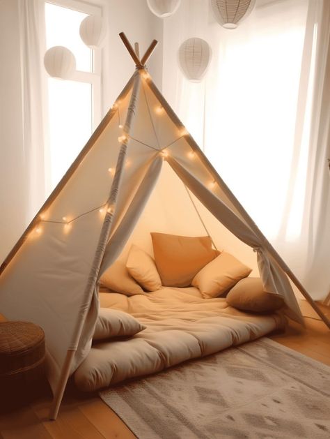 Princess Palace Retreat: Craft a regal tent room with a canopy bed, crystal chandeliers, and a vanity fit for a princess. Playroom Teepee Ideas, Blanket Tent For Kids, Room Tent Ideas, Tent In Room, Tent Beds For Kids, Tent In Bedroom, Bed Tent Diy, Kids Tent Bed, Reading Tent For Kids