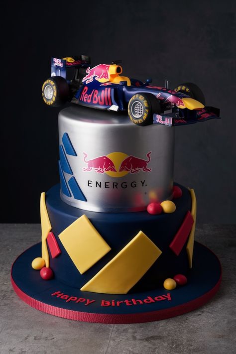 Make His Birthday Thrilling with a Red Bull F1 Themed Cake F1 Cupcakes, Pastel F1, Formula One Birthday Party, Red Bull Cake, Rory Birthday, F1 Cake, Sports Cakes, Formula 1 Race, Ice Cream Birthday Cake