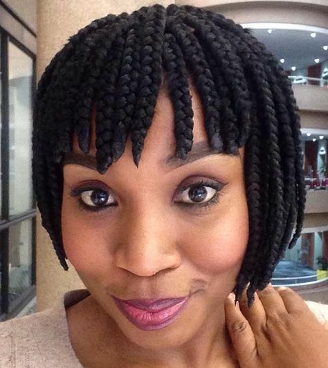 Short Box Braided Bob With Straight Bangs Short Box Braids Bob, Bob Box Braids Styles, Short Bob Braids, Box Braids Bob, Bob Braids Hairstyles, Short Box Braids Hairstyles, Blonde Box Braids, Short Box Braids, Bob Braids