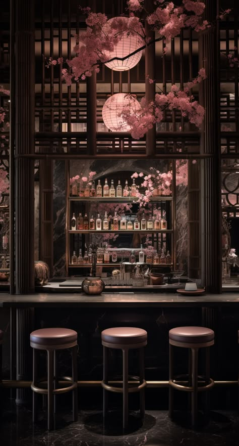 Asian Bar Design, Japan Bar Design, Asian Speakeasy, Japanese Speakeasy, Japanese Bar Design, Asian Restaurant Interior Design, Tokyo Club, Asian Bar, Vintage Apartment Decor