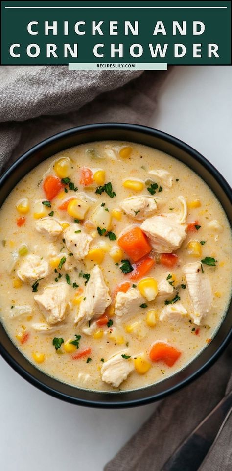 Cozy up with a warm bowl of Chicken and Corn Chowder that’s perfect for any season! This creamy, comforting soup combines tender chicken, sweet corn, and hearty vegetables, creating a delicious blend of flavors that the whole family will love. Ideal for weeknight dinners or meal prep, this recipe is both easy to make and satisfying. Top it off with crispy bacon or fresh herbs for a delightful finish. Discover how to whip up this scrumptious chowder and bring warmth to your table with every spoonful. Comfort food at its finest awaits you! Italian Sausage Corn Chowder, Gf Corn Chowder, Best Chicken Corn Chowder, Chicken Corn Soup With Rivals, Chicken Chowder Recipes, Chicken Corn Recipes, Chicken Chowder Soup, Mexican Corn Chowder, Best Corn Chowder Recipe