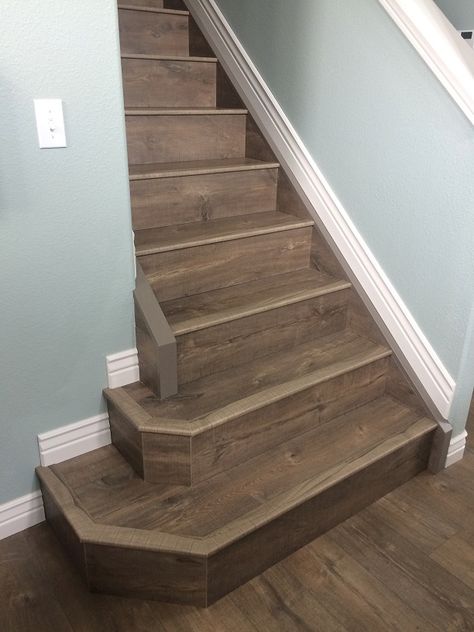 Stair Flooring Ideas, Luxury Vinyl Plank Flooring Stairs, Laminate Flooring On Stairs, Brown Laminate Flooring, Laminate Stairs, Basement Bathroom Remodeling, Brown Laminate, Installing Laminate Flooring, Remodel Basement