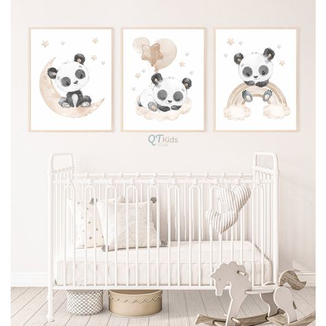 Panda Nursery Theme, Panda Kindergarten, Cloud Balloons, Green Baby Room, Panda Nursery, Panda Decorations, Moon Rainbow, Baby Poster, Nursery Wall Art Girl